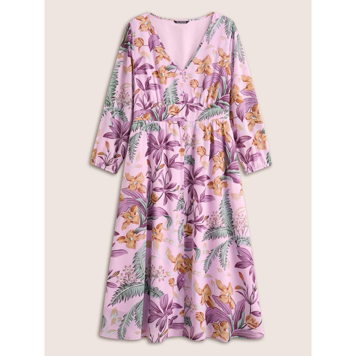 Plus Size Chiffon Floral Print Beaded Detail Elastic Cuffs Dress Lilac Women Elegant Non V-neck Long Sleeve Curvy Midi Dress BloomChic 14-16/1X Product Image