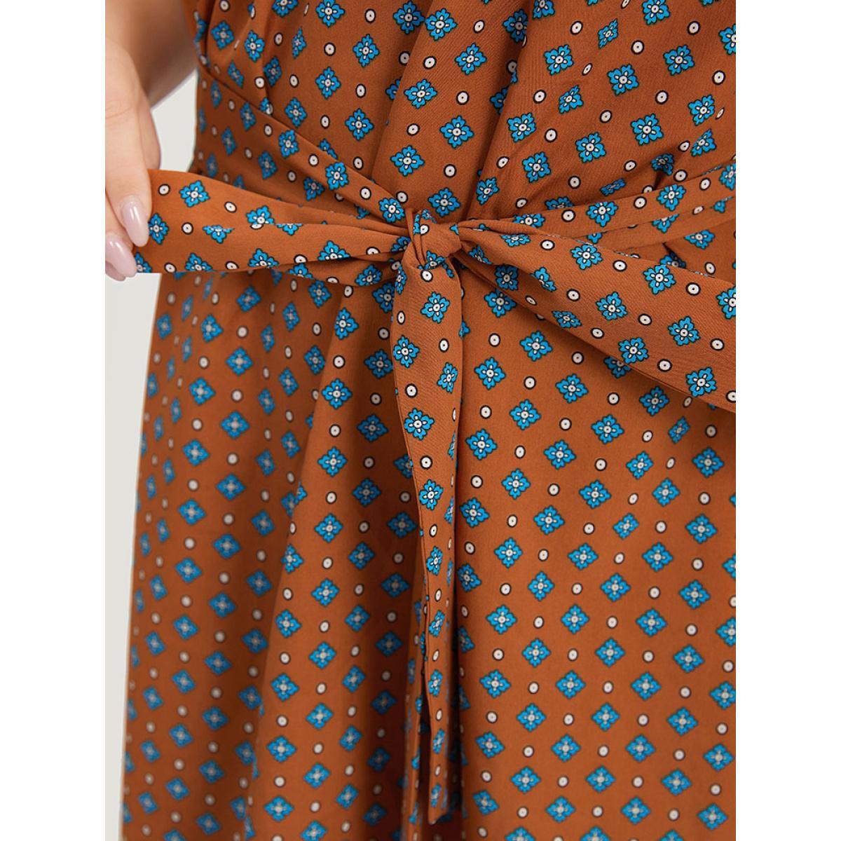 Plus Size Bandana Print Flutter Trim Pocket Belted Dress Chocolate Women Vacation Belted Round Neck Short sleeve Curvy Midi Dress BloomChic 28/5X Product Image
