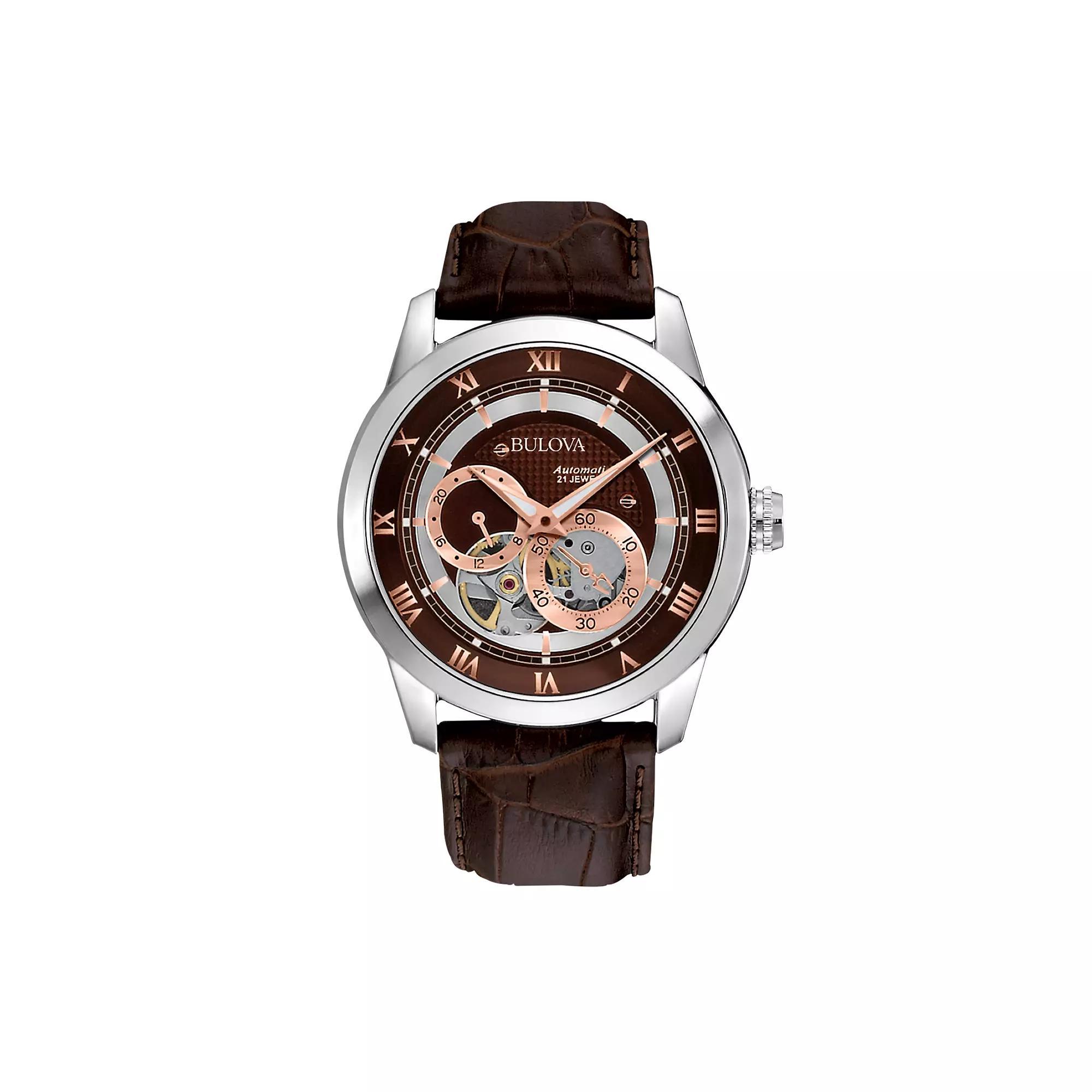 Bulova Stainless Steel Automatic Skeleton Leather Watch - 96A120 - Men, Mens, Brown Product Image