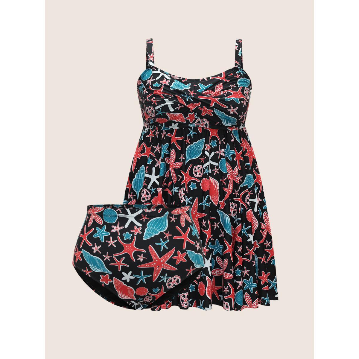 Plus Size Marine Elements Twist Front Gathered Swim Dress Women's Swimwear Black Beach Bodycon V-neck High stretch Curve Swim Dresses BloomChic 28/5X Product Image