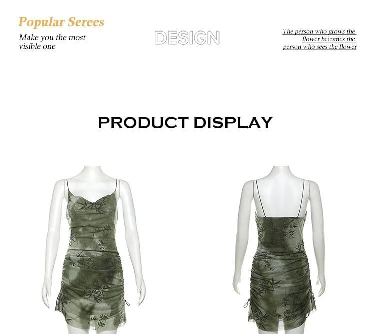 Spaghetti Strap Cowl Neck Leaf Print Drawstring Mini Bodycon Dress Product Image