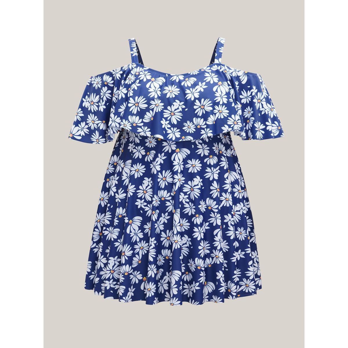 Plus Size Floral Print Cold-Shoulder Swim Dress Women's Swimwear Aegean Beach Bodycon One-shoulder neck High stretch Curve Swim Dresses BloomChic 10/M Product Image