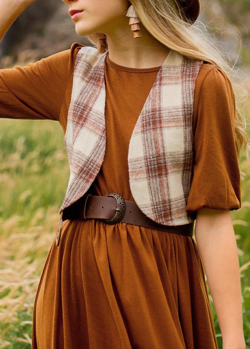 Meike Vest in Ecru Plaid Girls Product Image