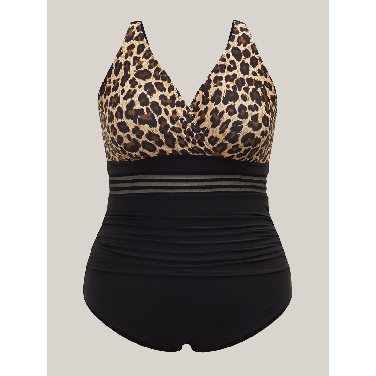 Plus Size Leopard Print Sheer Spliced Surplice Neck One-Piece Swimsuit Women's Swimwear Leopard Beach Gathered Curve Bathing Suits High stretch One Pieces BloomChic 18-20/2X Product Image