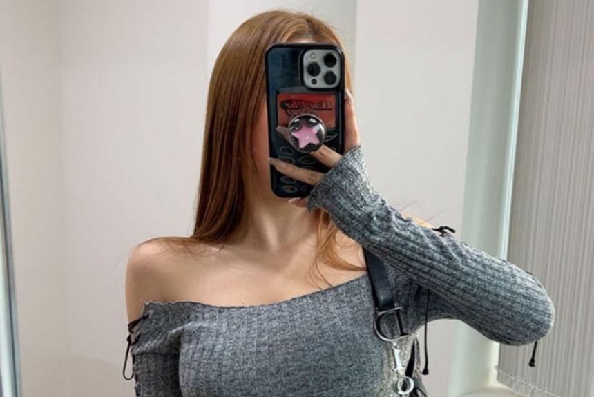 Lace-Up Long-Sleeve Off-Shoulder Crop Top Product Image