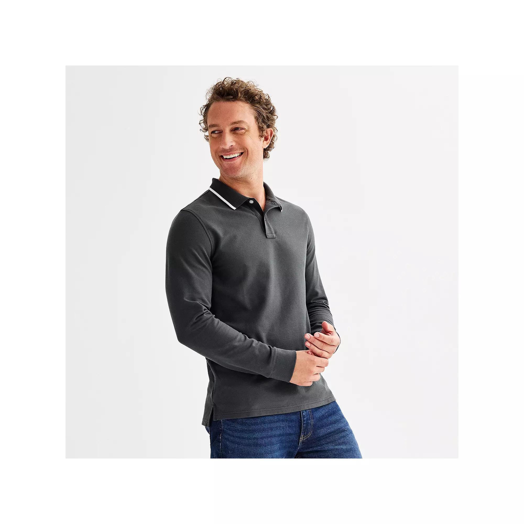 Men's Sonoma Goods For Life® Long Sleeve Pique Polo, Size: XL, White Gray Tipping Product Image