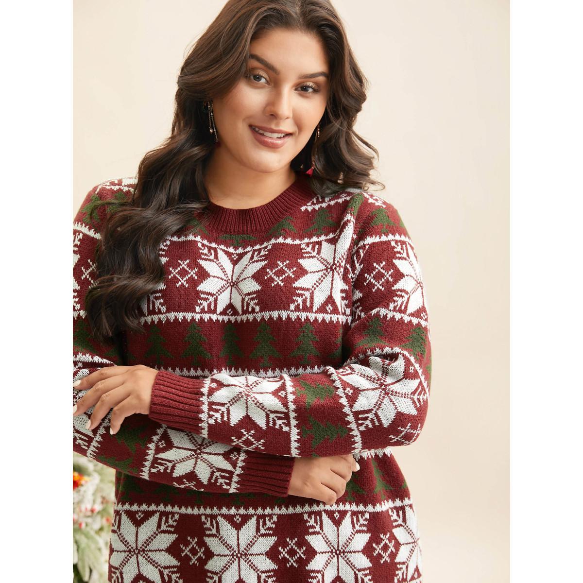 Plus Size Supersoft Essentials Snowflakes Pattern Ribbed Pullover Scarlet Women Casual Loose Long Sleeve Round Neck Everyday Pullovers BloomChic 12/L Product Image