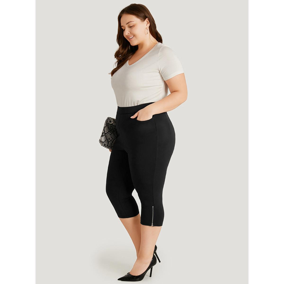 Plus Size Plain Skinny Pocket Zipper Cropped Pants Women Black Office Bodycon High Rise Work Pants BloomChic 12/L Product Image