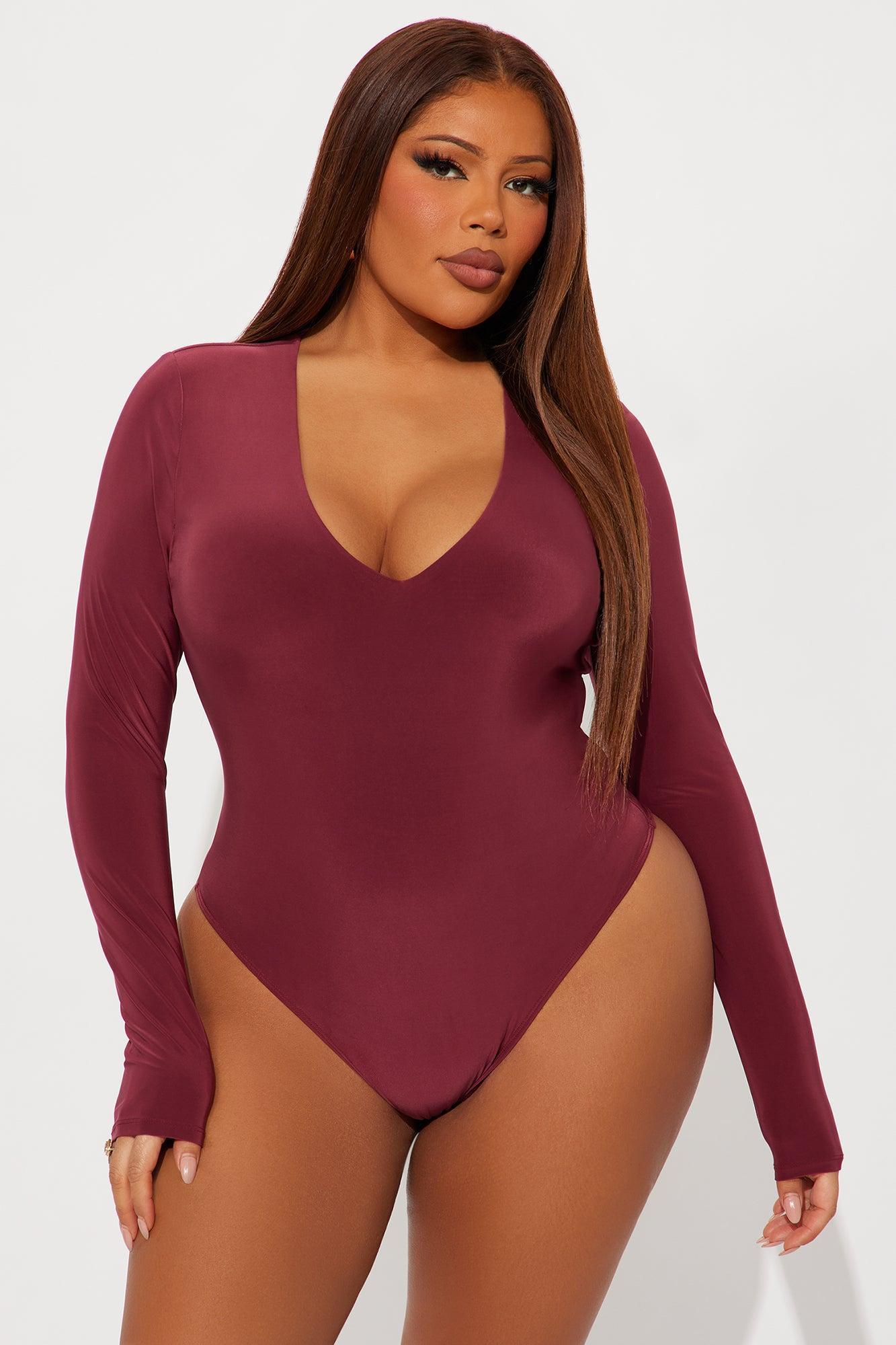 Take The Plunge Lined Long Sleeve Bodysuit - Burgundy Product Image