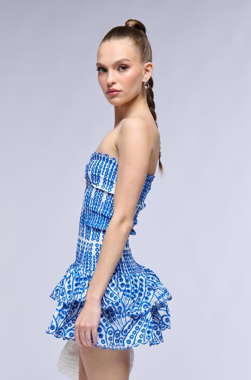 SUMMER OF LOVE SMOCKED EYELET STRAPLESS MINI DRESS Product Image