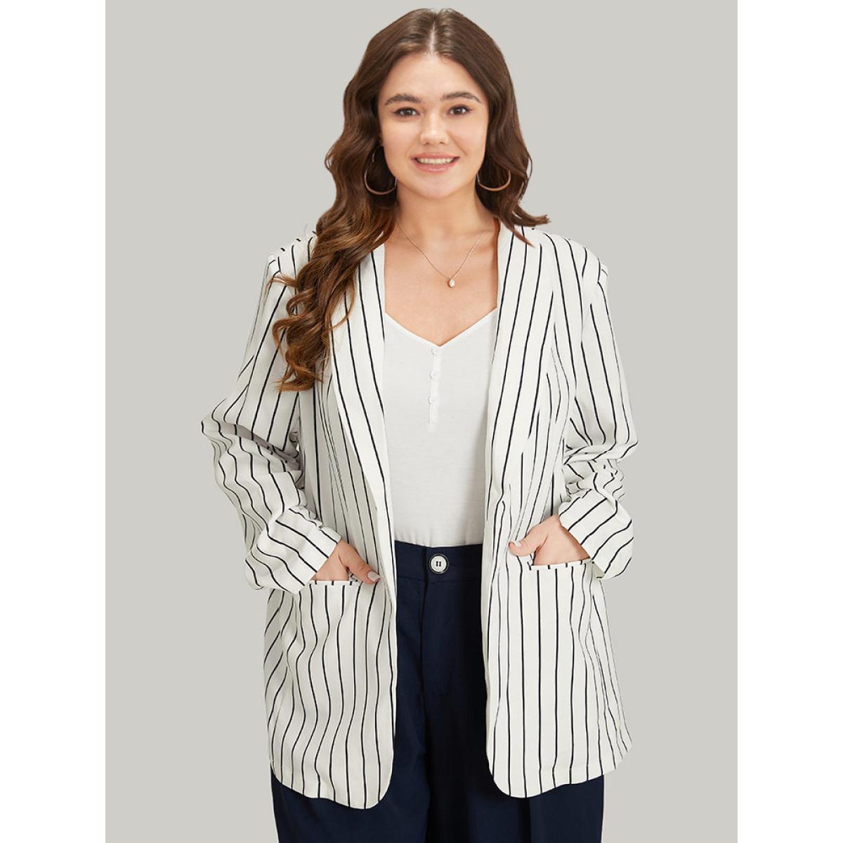 Plus Size Striped Pocket Gathered Lapel Collar Blazer White Women Work Striped Gathered Sleeve Long Sleeve Lapel Collar 18-20/2X Pocket Office Blazers BloomChic Product Image