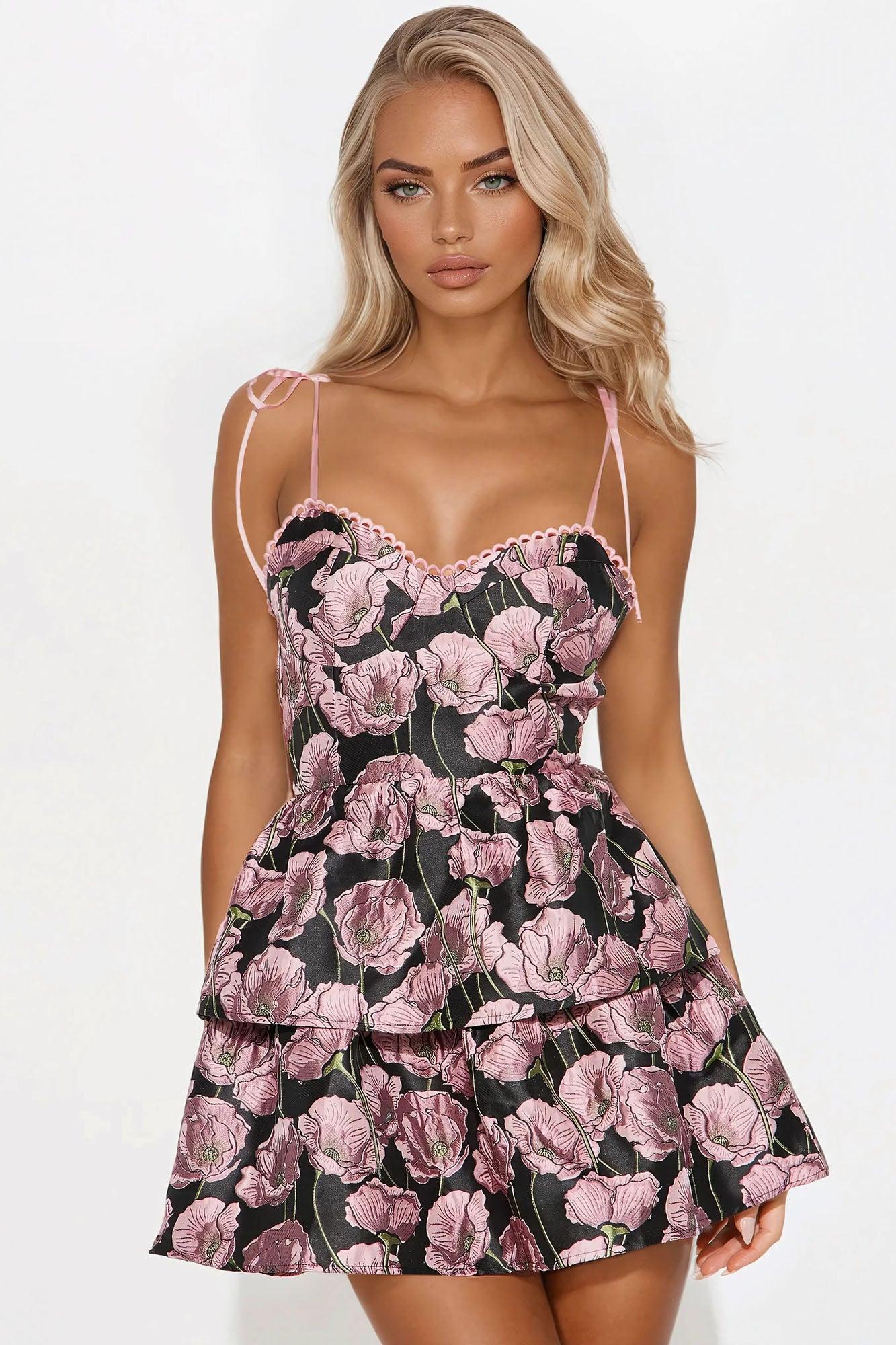 Beautiful Bloom Jacquard Tier Mini Dress - Black/Pink Product Image