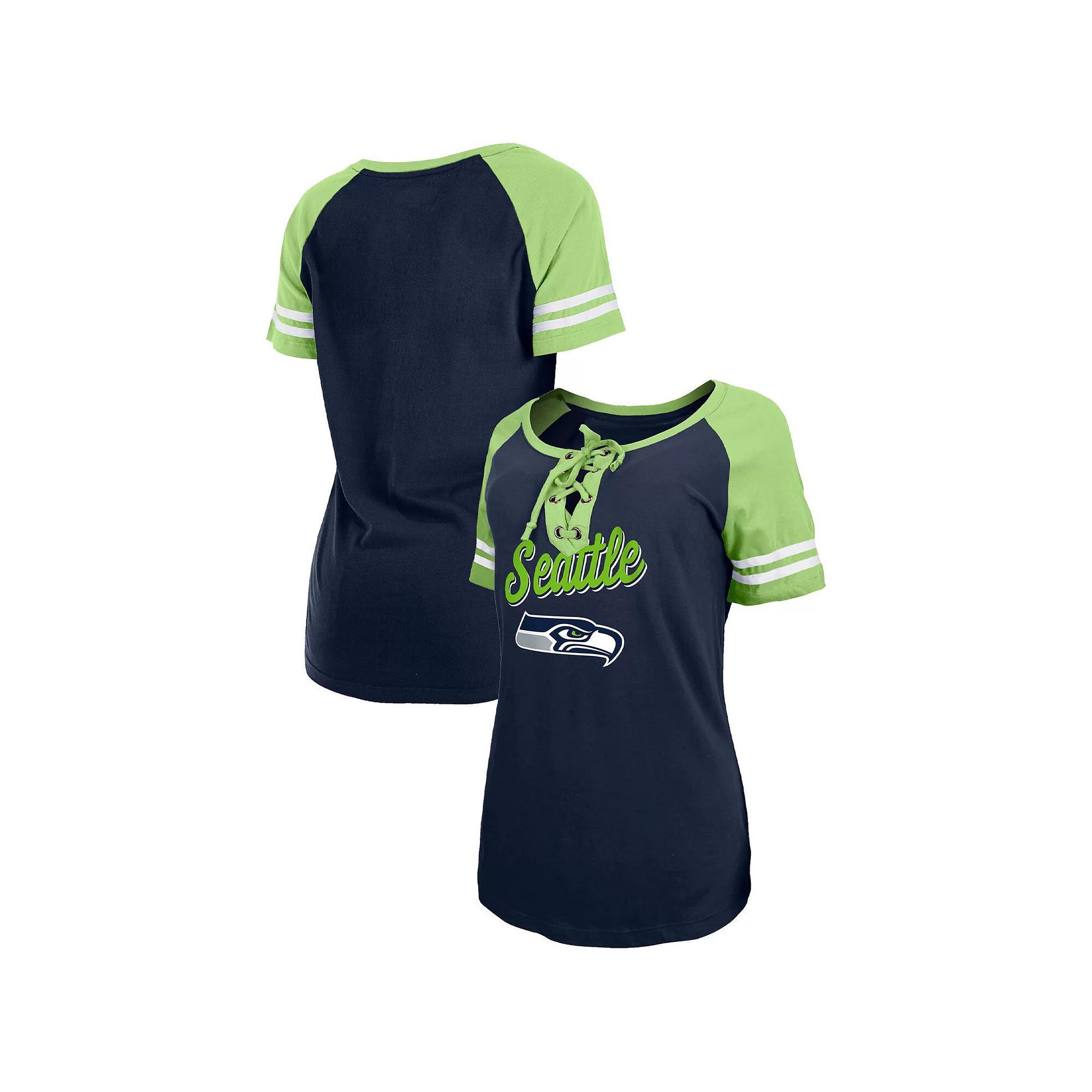 Women's New Era College Navy/Neon Green Seattle Seahawks Lightweight Lace-Up Raglan T-Shirt, Size: XS, Blue Product Image