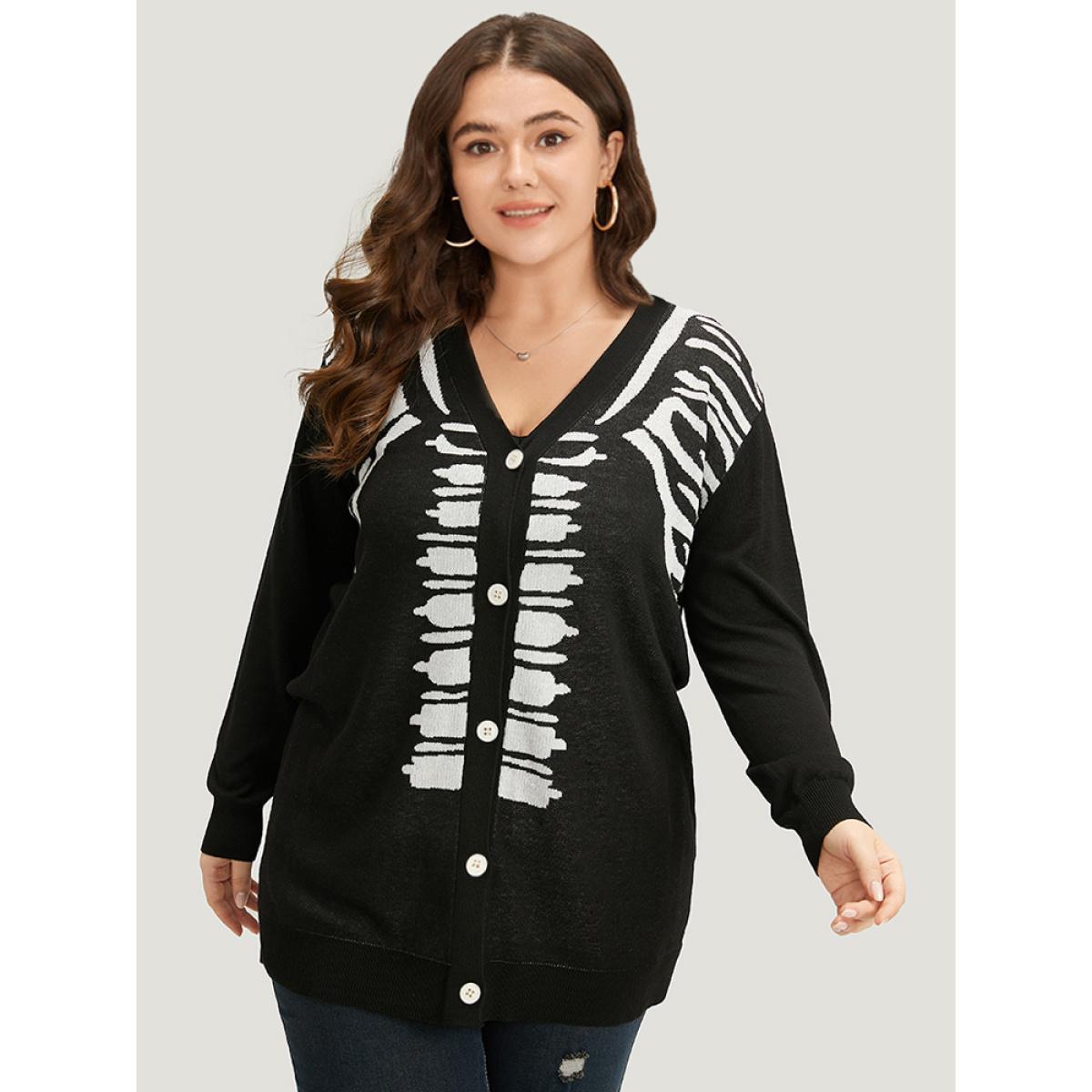 Plus Size Halloween Skull Print Slightly Stretchy Cardigan Black Women Casual Loose Long Sleeve Festival-Halloween Cardigans BloomChic 14-16/1X Product Image