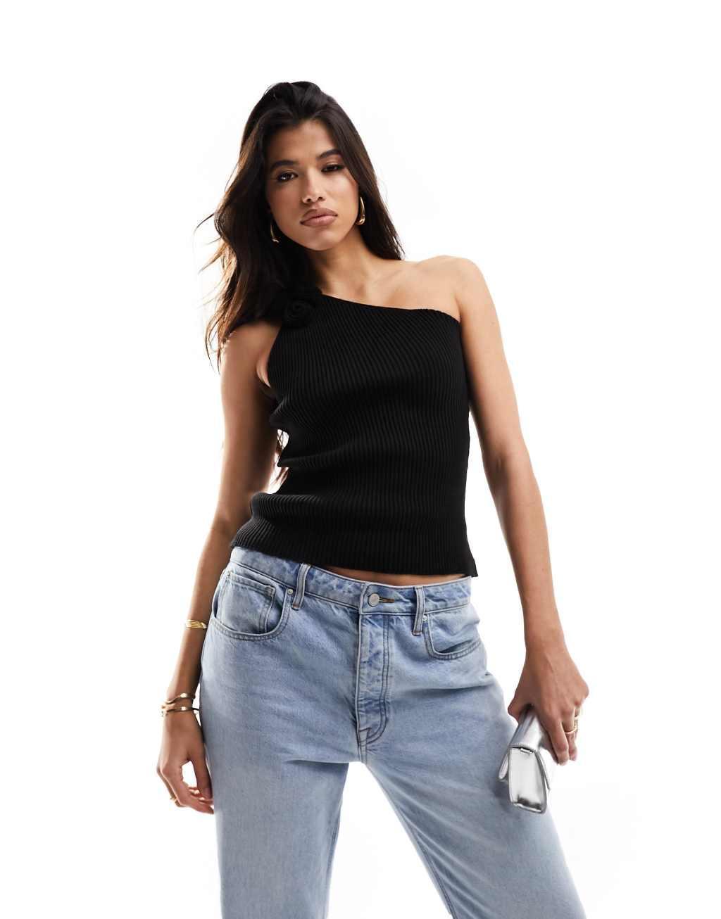 Fashionkilla knitted one shoulder corsage detail top Product Image