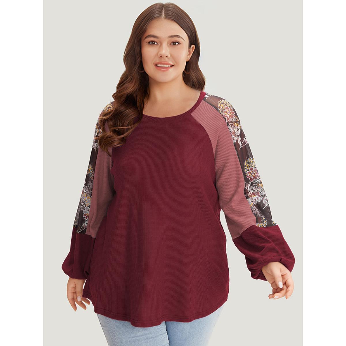 Plus Size Floral Mesh Patchwork Lantern Sleeve Sweatshirt Women Scarlet Elegant Patchwork Round Neck Dailywear Sweatshirts BloomChic 14-16/1X Product Image