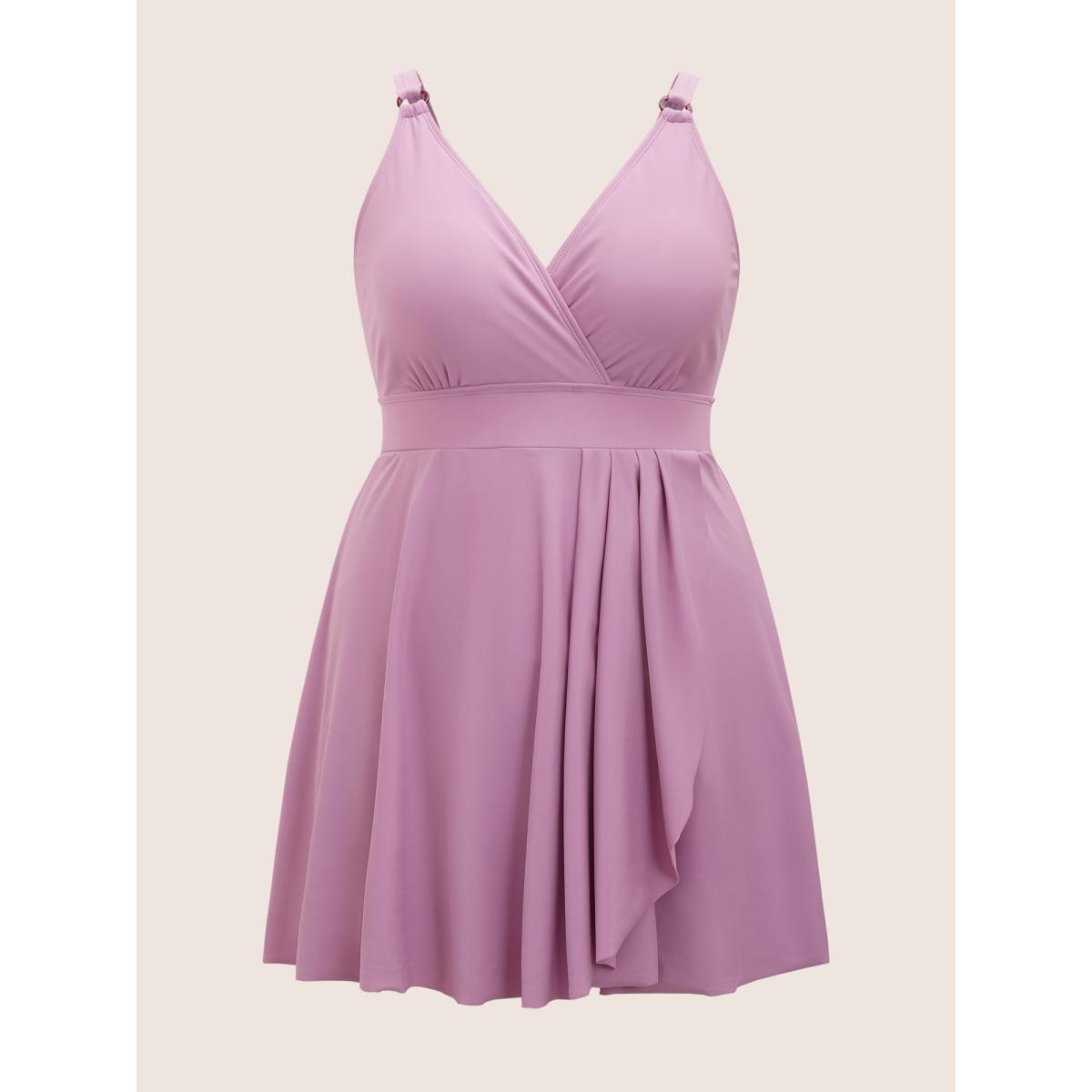 Plus Size Overlap Collar Plain Slit Hem Swim Dress Women's Swimwear Lilac Beach Bodycon Overlap Collar High stretch Curve Swim Dresses BloomChic 30/6X Product Image
