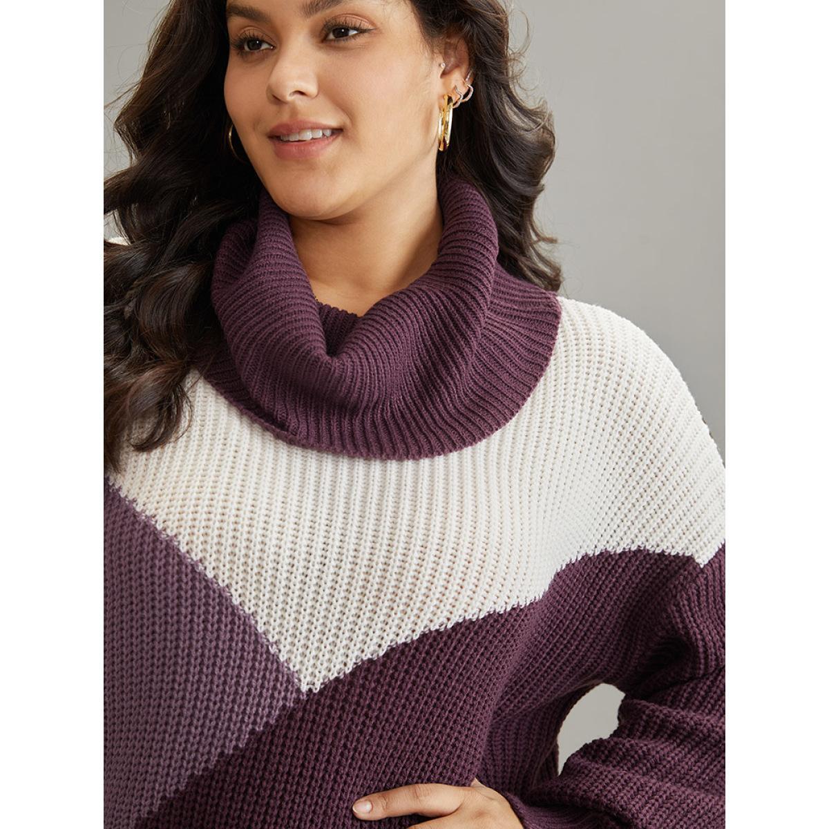 Plus Size Asymmetrical Colorblock Turtle Neck Drop Shoulder Pullover Purple Women Casual Loose Long Sleeve Turtleneck Dailywear Pullovers BloomChic 14-16/1X Product Image