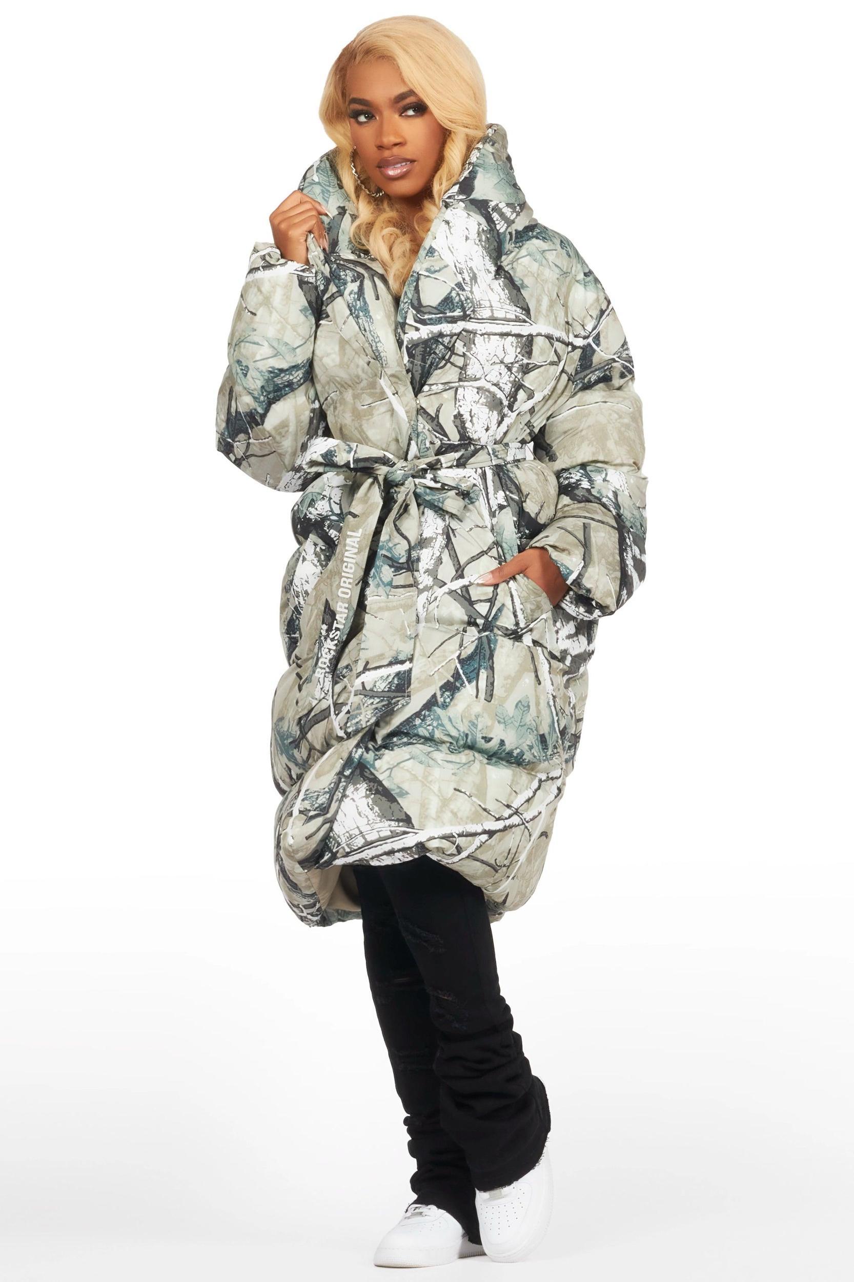 Sehrazat Tree Camo Long Wrap Puffer Jacket Female Product Image