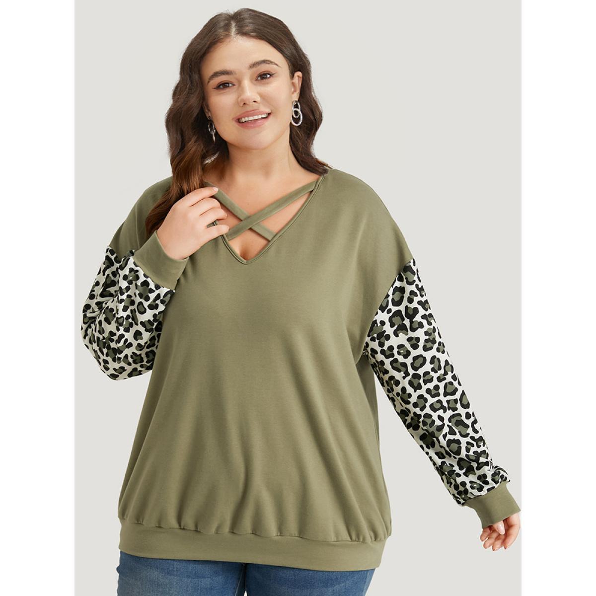 Plus Size Leopard Patchwork Crisscross Neck Elastic Cuffs Sweatshirt Women Sage Casual Elastic cuffs V-neck Dailywear Sweatshirts BloomChic 12/L Product Image