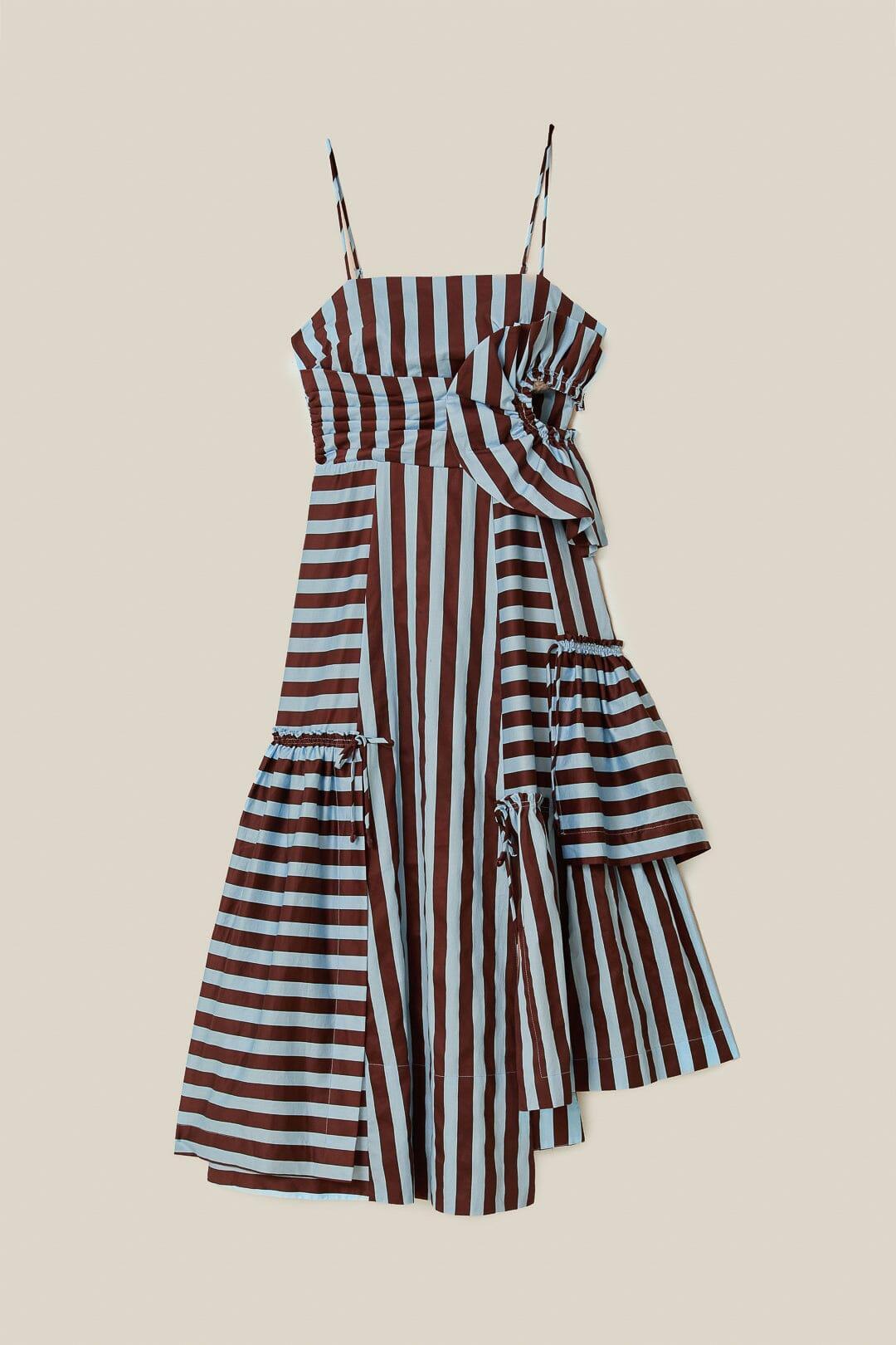 Brown and Blue Tropical Flight Stripes Organic Cotton Midi Dress Product Image