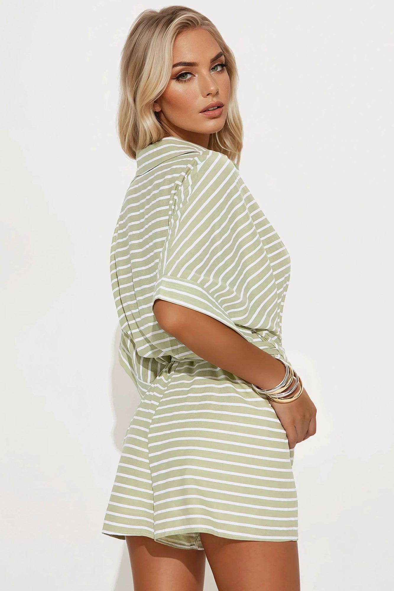 Vacation Mode Linen Romper - Sage/combo Product Image