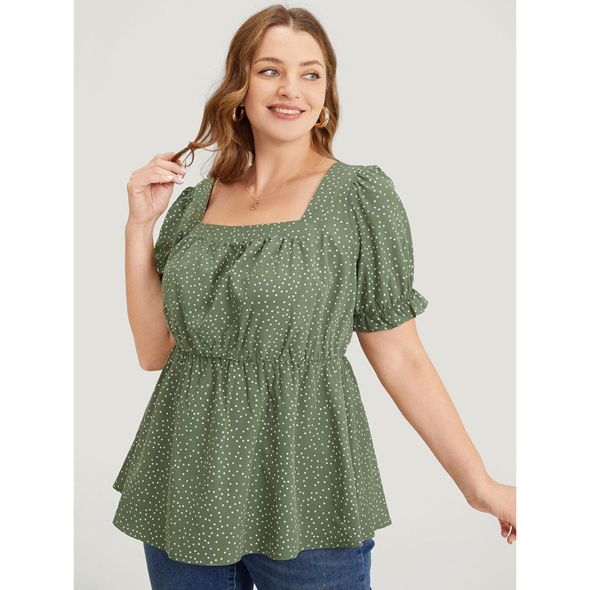 Plus Size ArmyGreen Polka Dot Square Neck Ruffles Puff Sleeve Blouse Women Elegant Short sleeve Square Neck Dailywear Blouses BloomChic 28/5X Product Image