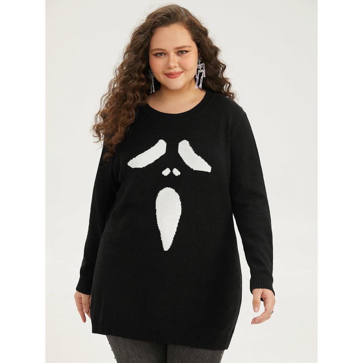Plus Size Supersoft Essentials Halloween Ghost Face Print Pullover Black Women Casual Loose Long Sleeve Round Neck Festival-Halloween Pullovers BloomChic 22-24/3X Product Image
