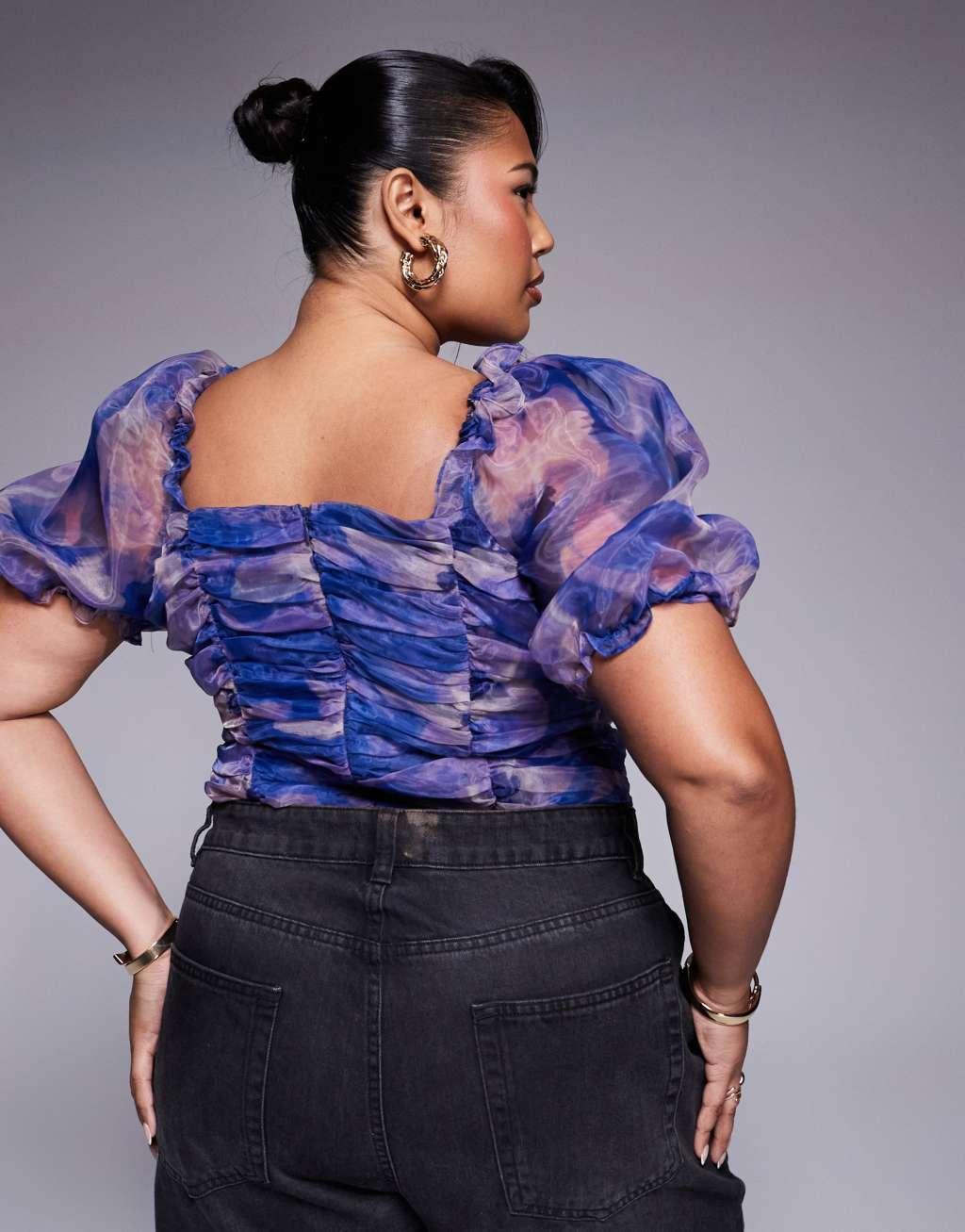 In The Style Plus puff sleeve organza bodysuit in purple print Product Image