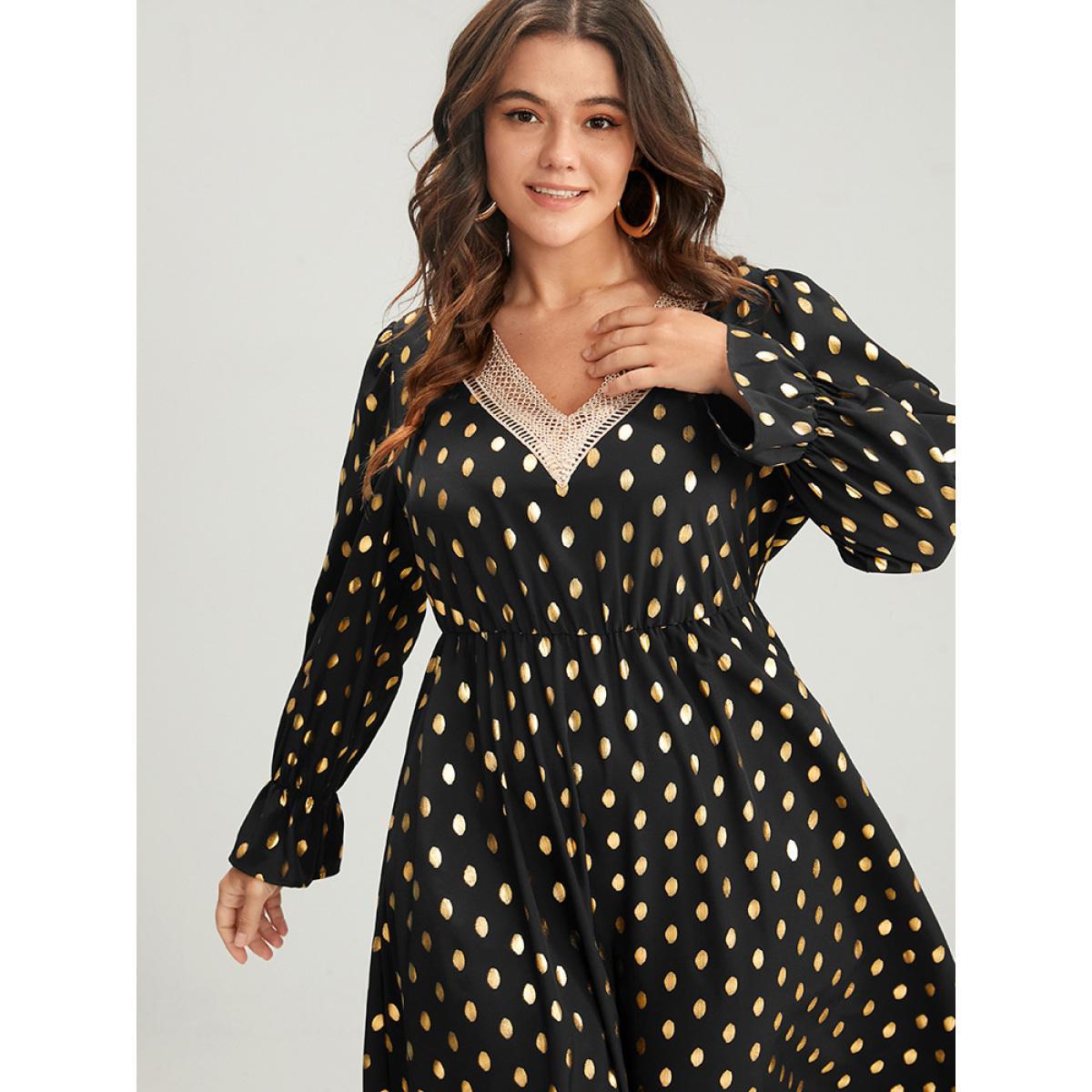 Plus Size Polka Dot Lantern Sleeve Pocket Lace Trim Midi Dress Black Women Party Lace V-neck Long Sleeve Curvy Midi Dress BloomChic 28/5X Product Image