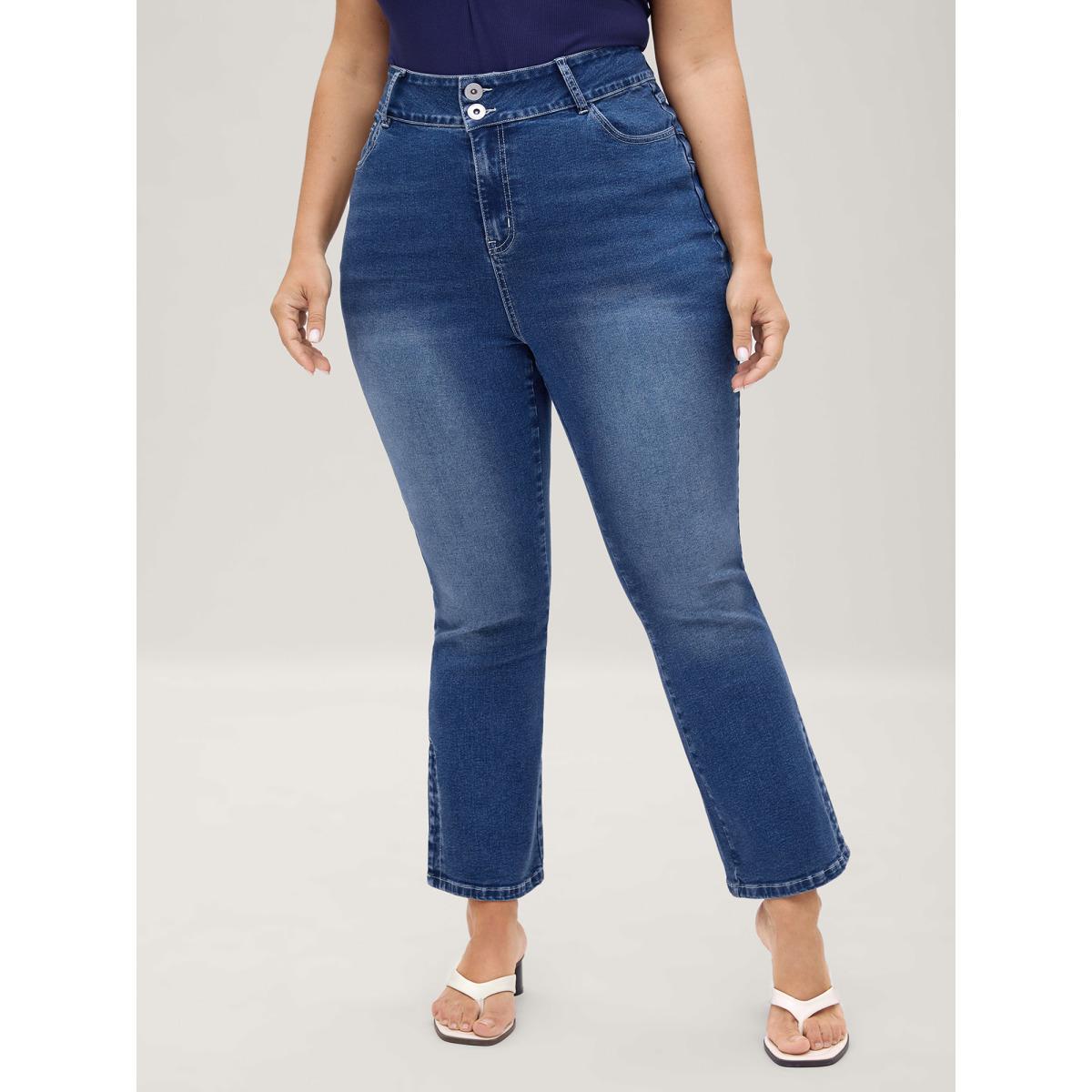 Plus Size Stretch No-Gap Waist Slit Hem Jeans Women Midblue Casual Slit High stretch Slanted pocket Jeans BloomChic 18/2X Product Image