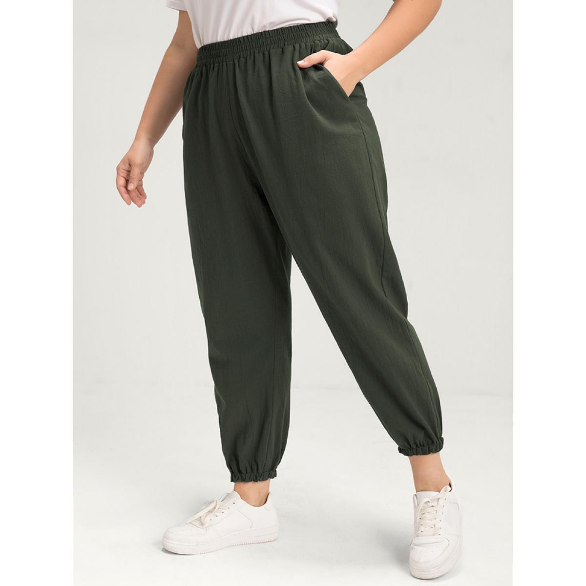 Plus Size Solid Elastic Waist Pocket Pants Women ArmyGreen Casual High Rise Dailywear Pants BloomChic 14-16/1X Product Image