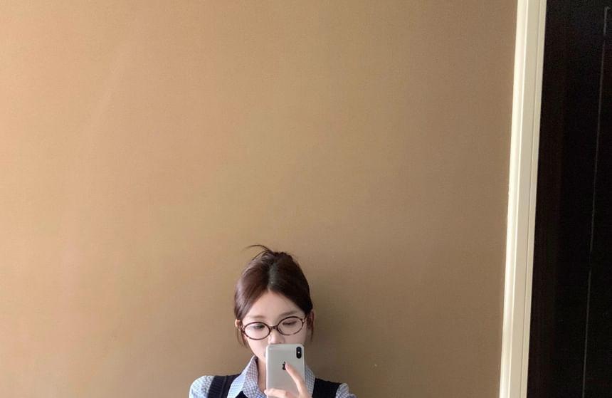 Checker Bell-Sleeve Loose Shirt / V-Neck Knit Vest Product Image