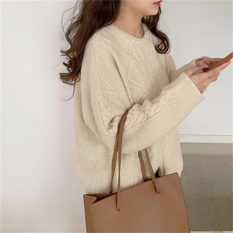 Crew Neck Plain Cable Knit Sweater Product Image