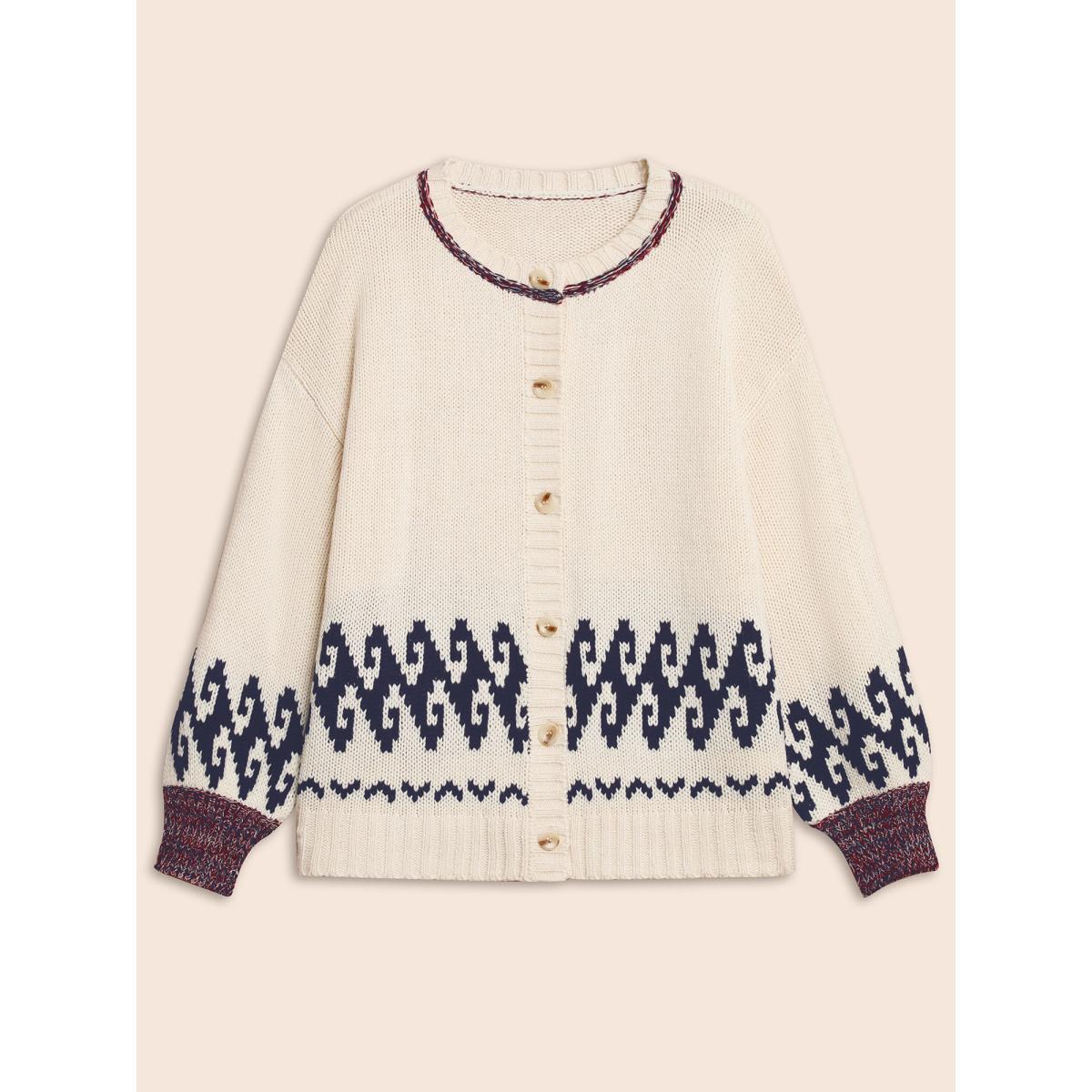 Plus Size Fair Isle Balloon Sleeve Crew Neck Cardigan Ivory Women Resort Loose Long Sleeve Vacation Cardigans BloomChic 18-20/2X Product Image