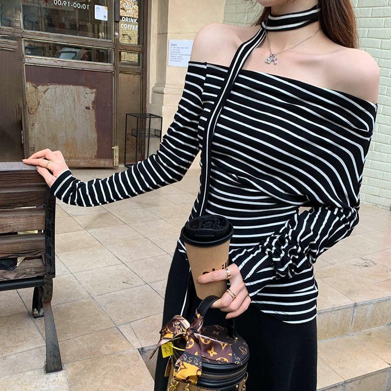 Long Sleeve One Shoulder Striped Asymmetrical Tee Product Image