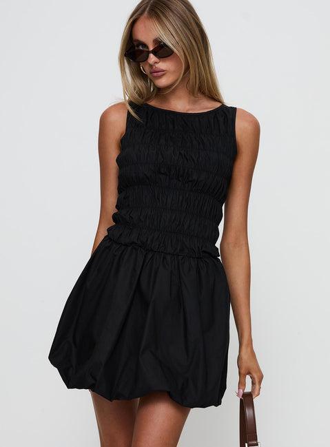 Demure Shirred Bubble Hem Mini Dress Black Product Image