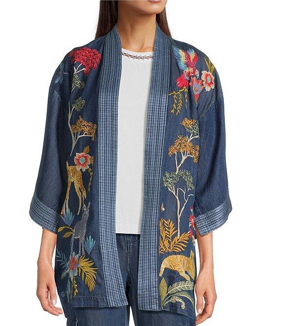 JOHNNY WAS Jane Lightweight Denim Embroidered Open Front 3/4 Bell Sleeve Kimono Jacket Product Image