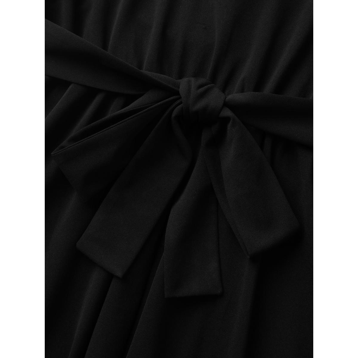 Plus Size Super Stretchy Overlap Waist Midi Dress Black Women Tie knot Heart neckline Short sleeve Curvy BloomChic 12/L Product Image