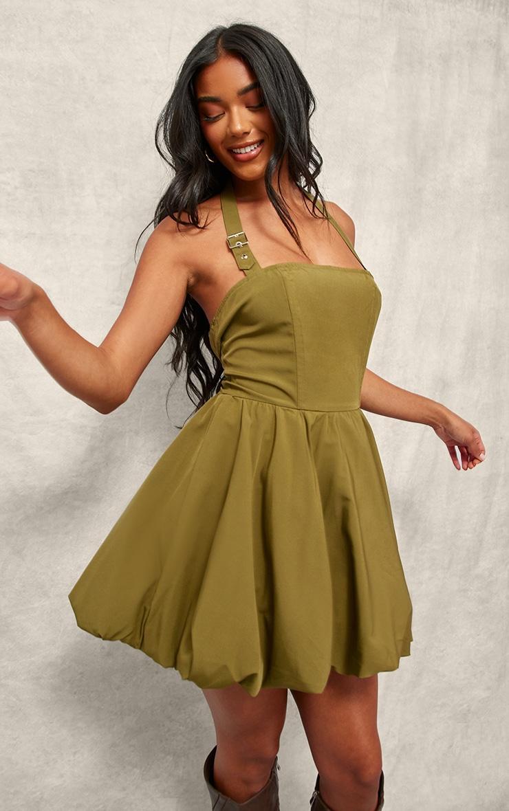 Khaki Buckle Detail Halterneck Puffball Mini Dress Product Image