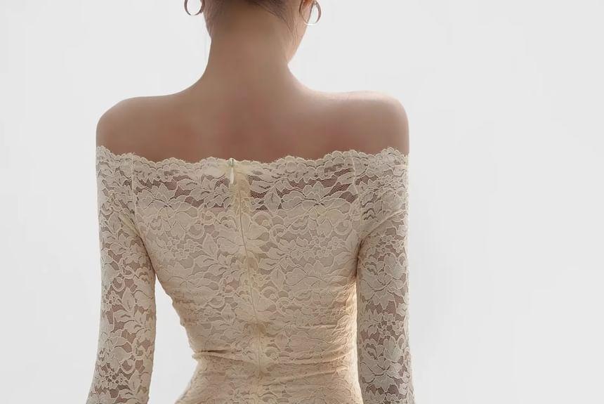 Flare-Sleeve Off Shoulder Lace Mini Bodycon Dress Product Image