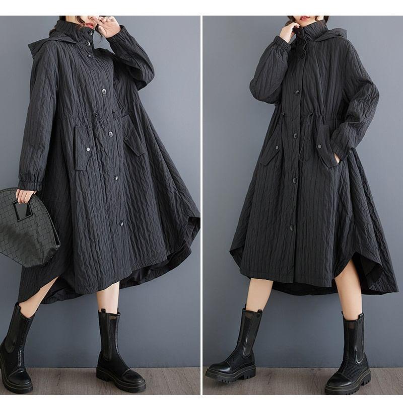 Stand Collar Plain Drawstring-Waist Hood Midi Button Trench Coat Product Image