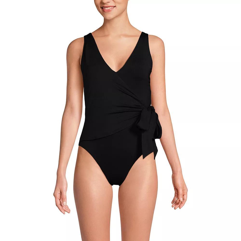Women's Lands' End Side Tie Wrap High Leg One-Piece Swimsuit, Size: 8, Black Product Image