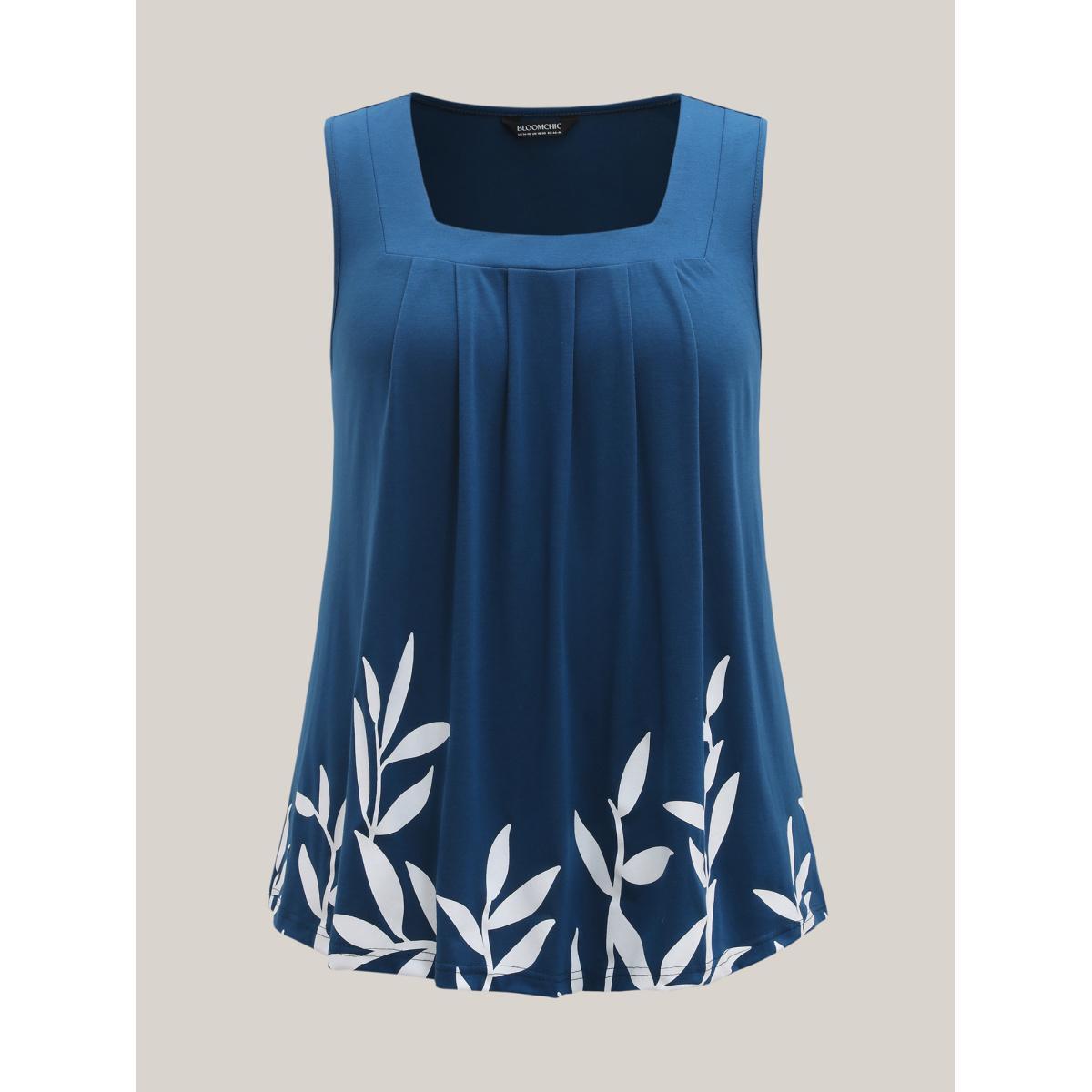 Plus Size Leafy Printed Hem Pleated Sleeveless Top Women Mediumblue Resort Pleated Square Neck Vacation Tank Tops Camis BloomChic 14-16/1X Product Image
