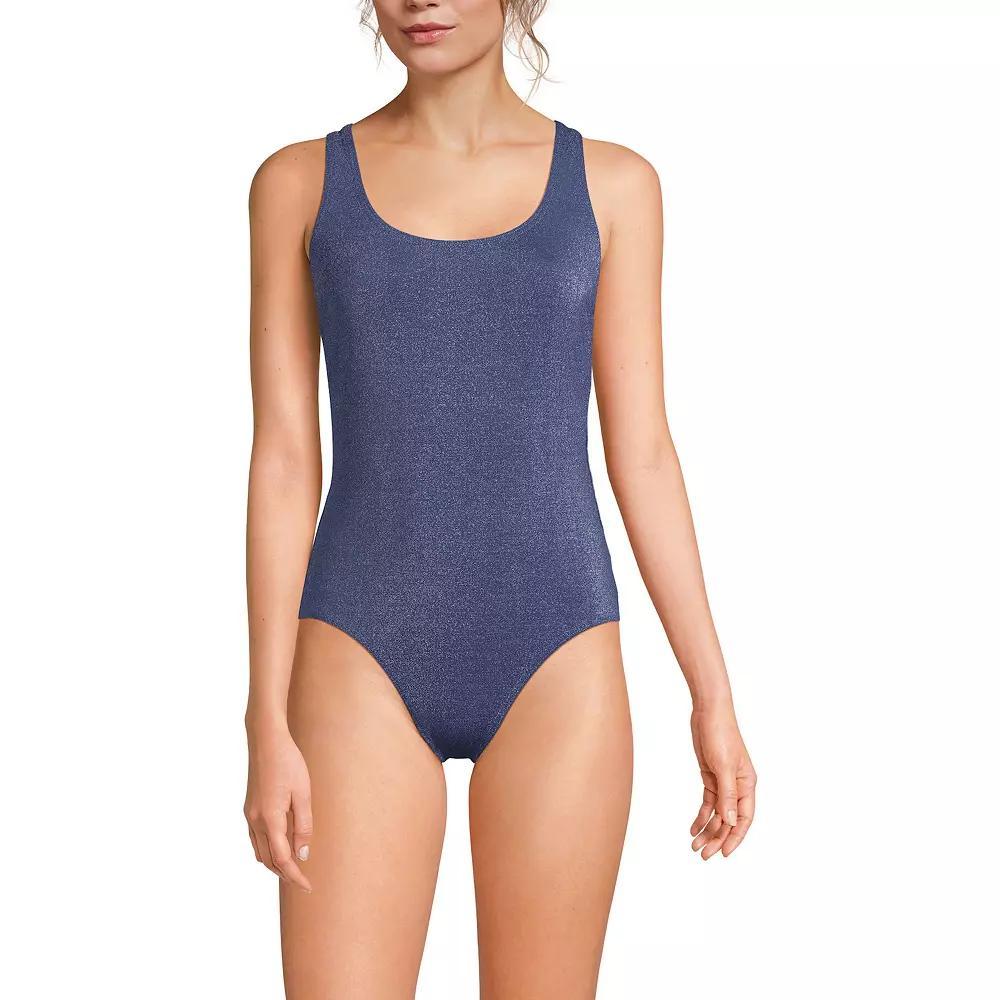 Women's Lands' End Long Torso Tugless Shine One-Piece Swimsuit, Size: 14 LONG, Mediterranean Blue Product Image
