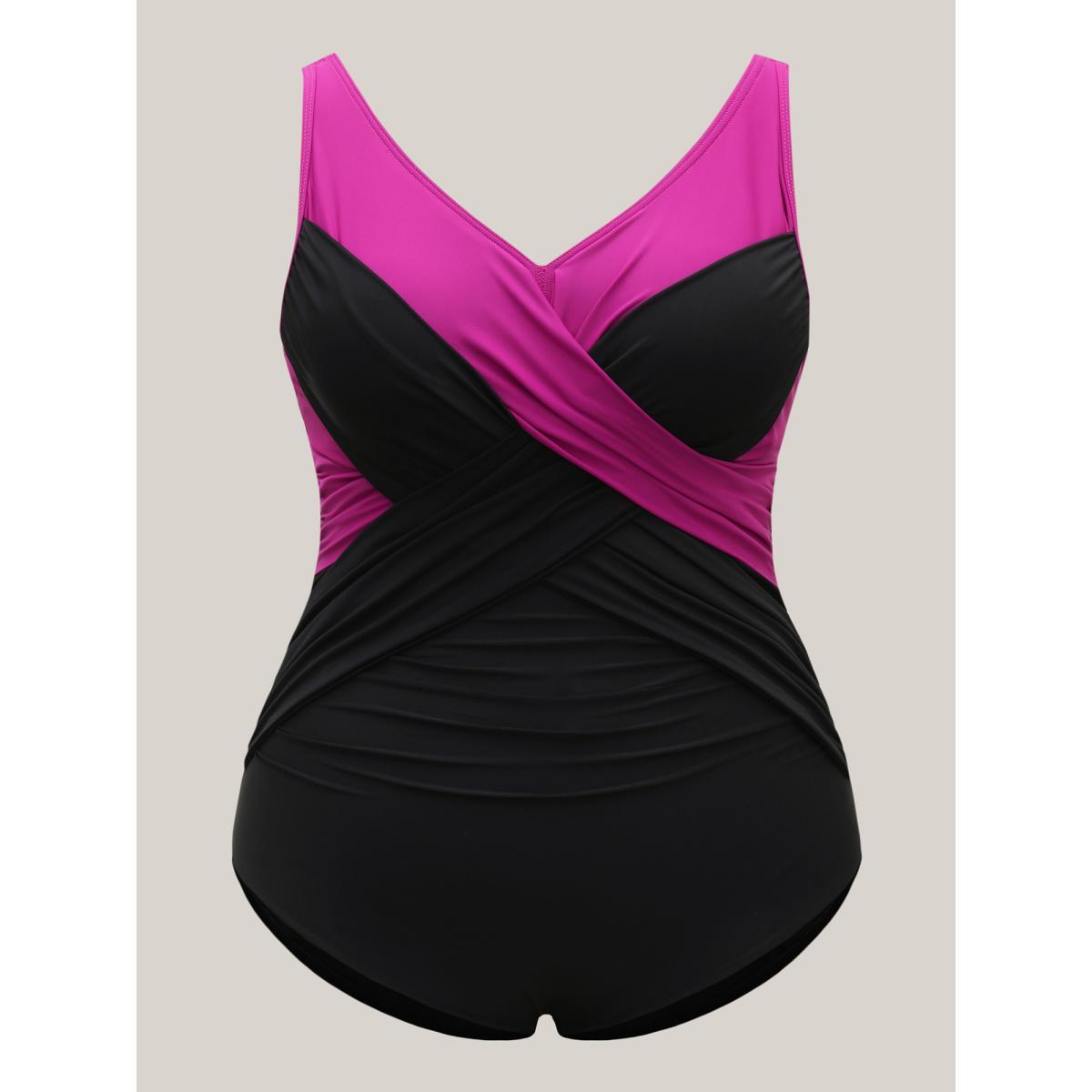 Plus Size Color Block Twist Front One-Piece Swimsuit Women's Swimwear RedViolet Beach Twist Curve Bathing Suits High stretch One Pieces BloomChic 28/5X Product Image