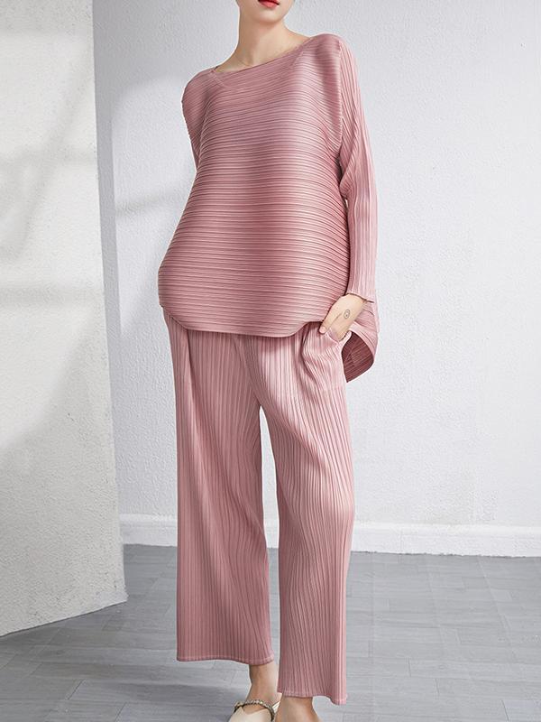 Loose Pleated Solid Color High-Low Round-Neck T-Shirts  + Pants Two Pieces Set Product Image