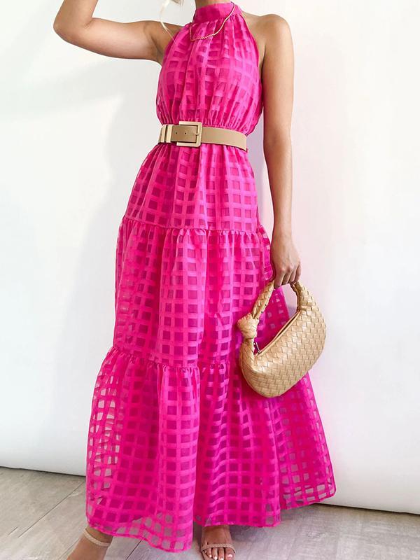 Loose Sleeveless Plaid Ribbed Stand Collar Maxi Dresses Product Image