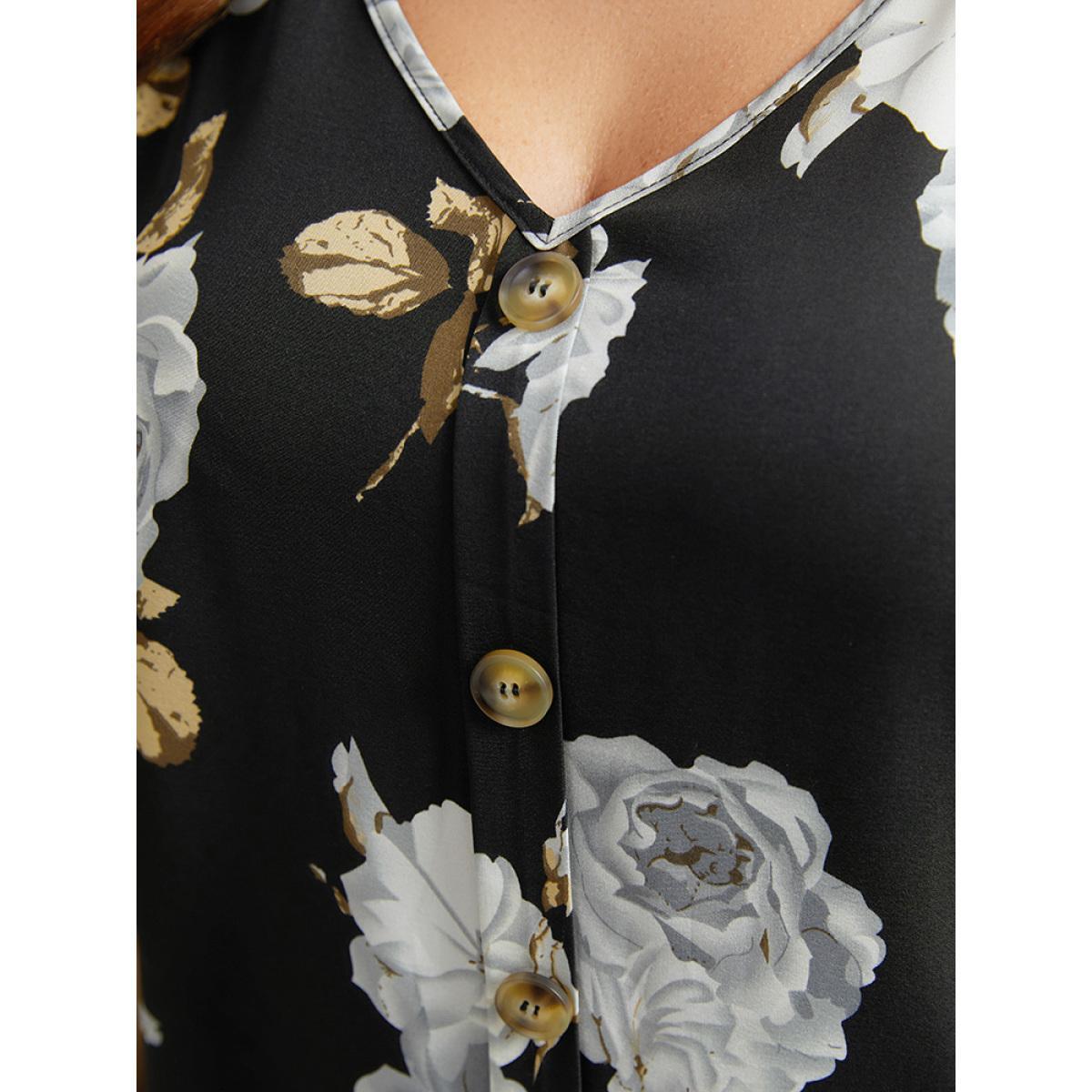 Plus Size Floral Print Button Detail Tank Top Women Black Elegant Tucked seam V-neck Everyday Tank Tops Camis BloomChic 10/M Product Image