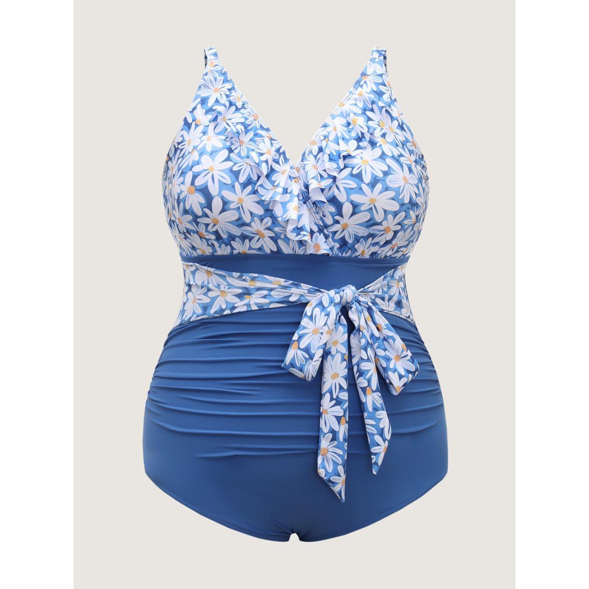 Plus Size Floral Belted Ruffled One-Piece Swimsuit Women's Swimwear Mediumblue Beach Curve Bathing Suits High stretch One Pieces BloomChic 30/6X Product Image